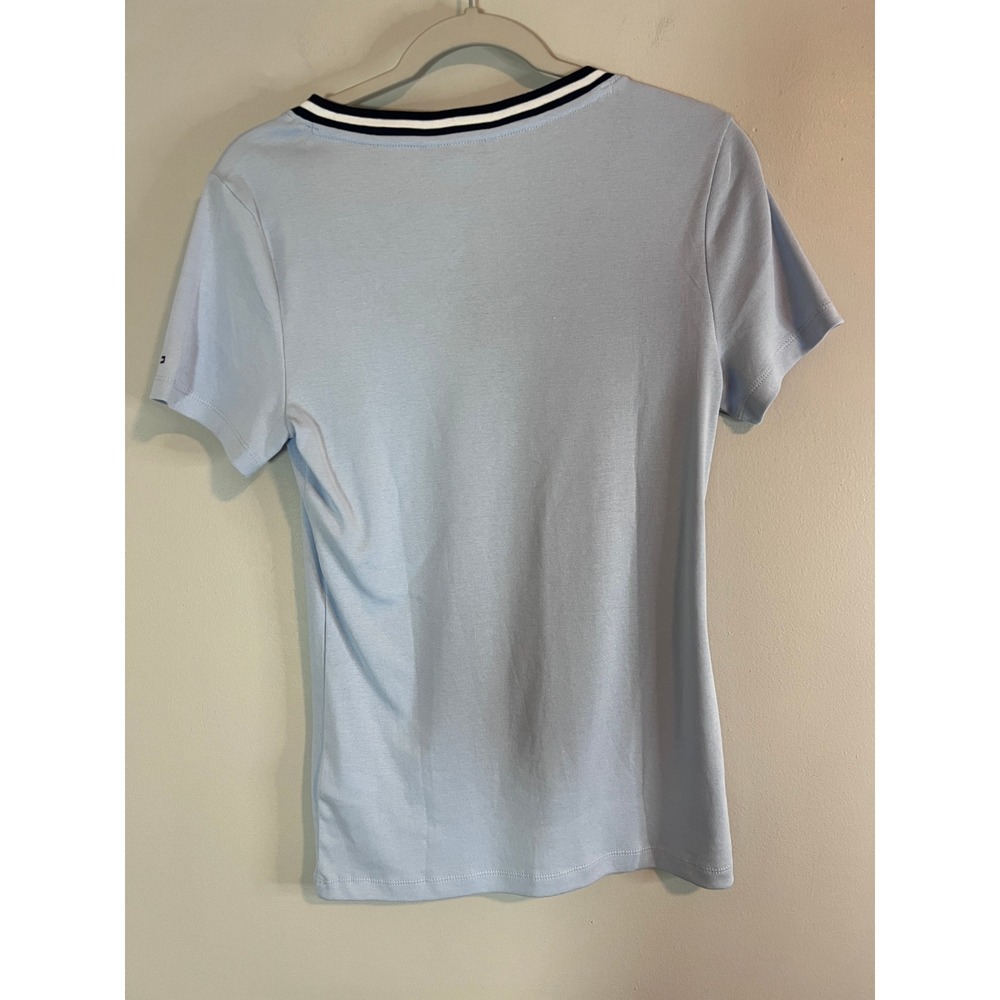 Tommy Hilfiger Womens V-Neck T-Shirt Light Blue Striped Trim XW06716 Size M - Picture 2 of 7